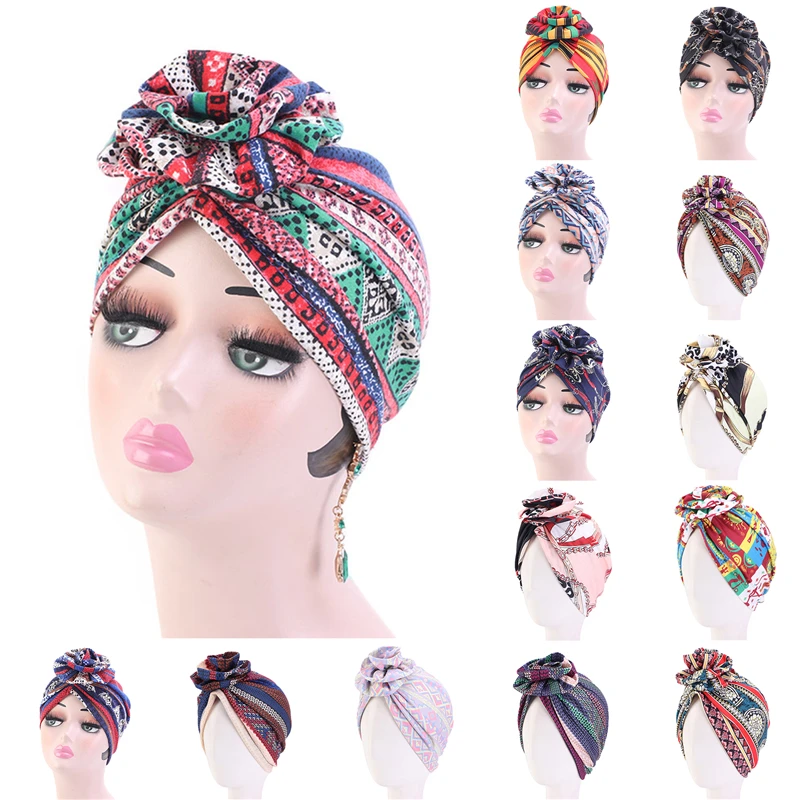 Ethnic Chain Printed Big Flower Headscarf Bonnet Women Turban Hat Turbante Femme Musulman India Islamic Head Wrap | Тематическая