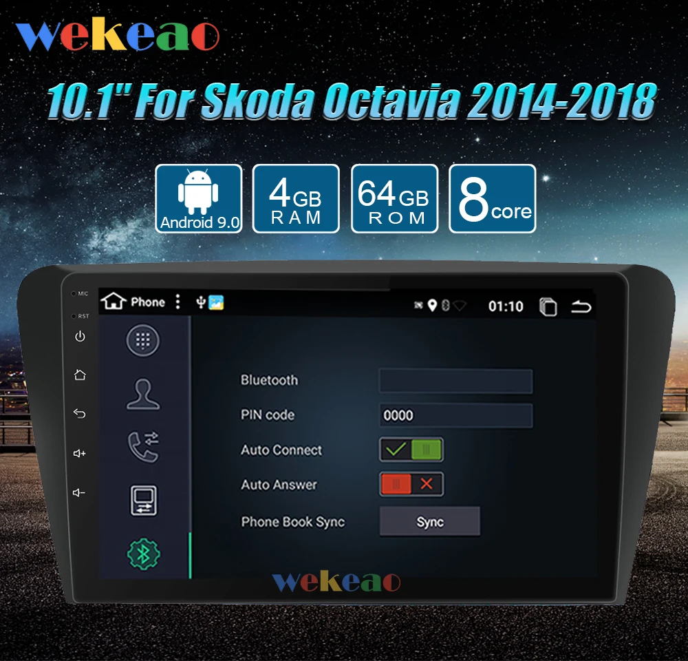 Wekeao сенсорный экран 10,1 ''Android 9,0 Автомагнитола для Skoda Octavia Android авто gps навигация