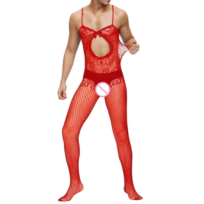 

Male Underwear Sexy Lingerie Fishnet Bodystocking Erotic Latex Catsuit Tights See-through Elastic Men's Spaghetti Strap Bodysuit