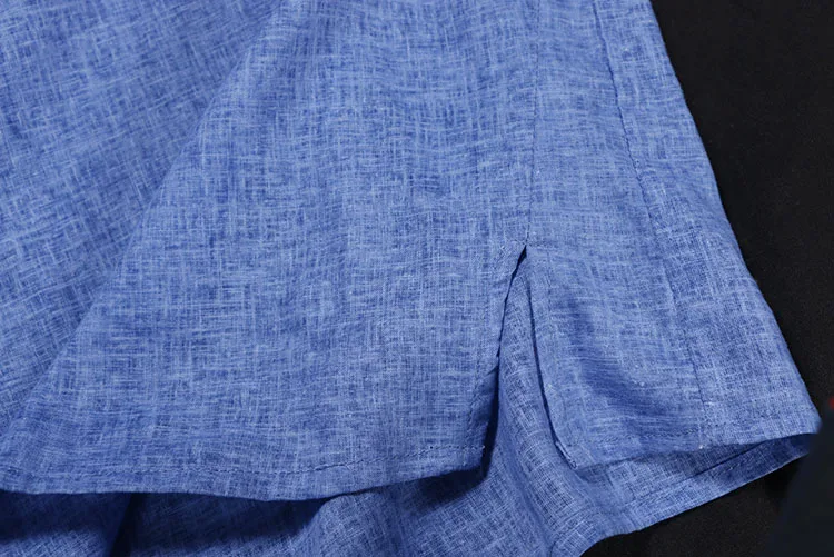 Chinese Style Cotton Linen Tops Casual Tshirt Retro Button Short Sleeve Summer National Loose Solid Color Loose T-Shirt Blue