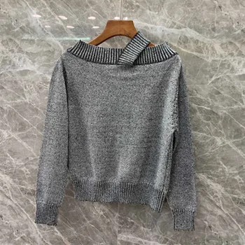 

New Autumn Halter Women Knitted Sweater Strapless Sexy Ladies Glitter Knitwear Fashion Long Sleeve Female Pullover Top Clothing
