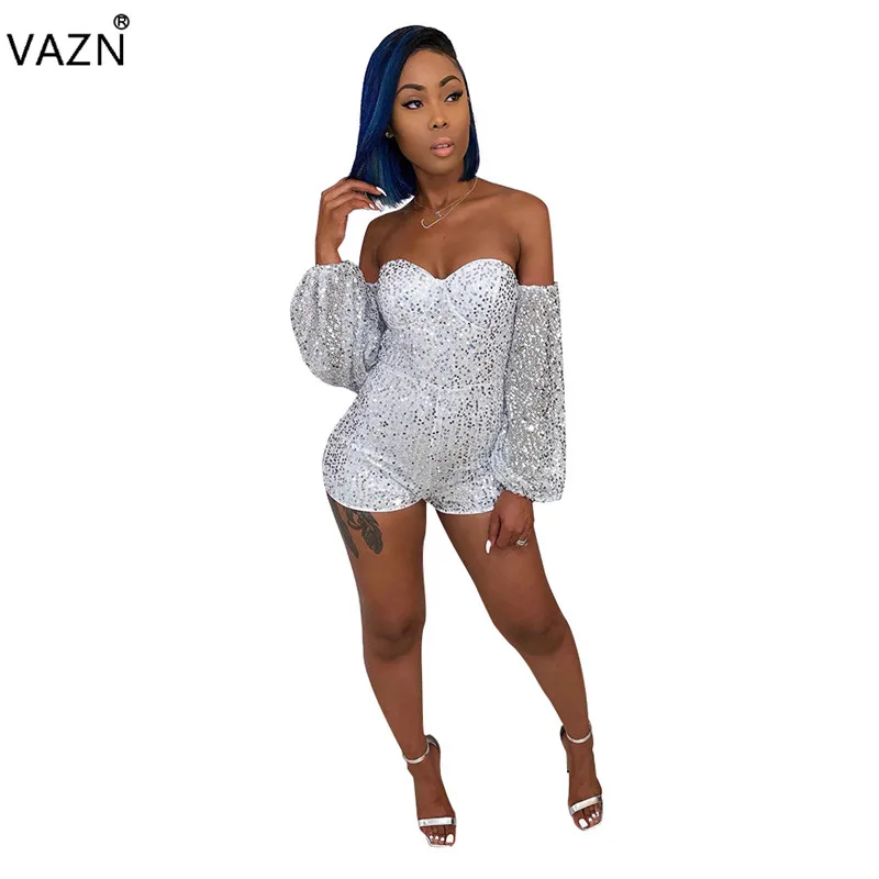 VAZN SN4902 New Open Heavy Industry Sequined Fashion Strapless Full Sleeve Solid High Waist Sexy Club Women Slim Playsuits - Цвет: Серебристый