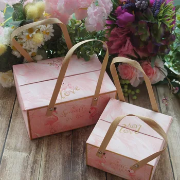 

2 Size Choose 5pcs Pink Flamingo Love Design Paper Box with Handle for Candy Cookie Chocolate Gift Packaging Wedding Use