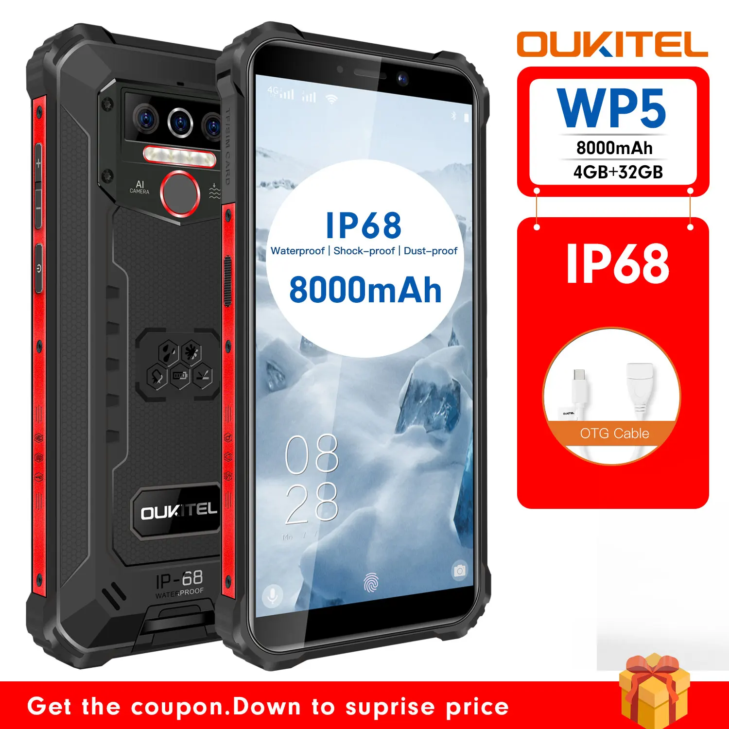 OUKITEL WP5 IP68 Waterproof 4GB 32GB Android 9.0 8000mAh 5.5''HD+ 18:9 Quad Core 13MP MT6761 Tri-proof 5V/2A 4G Mobile Phone