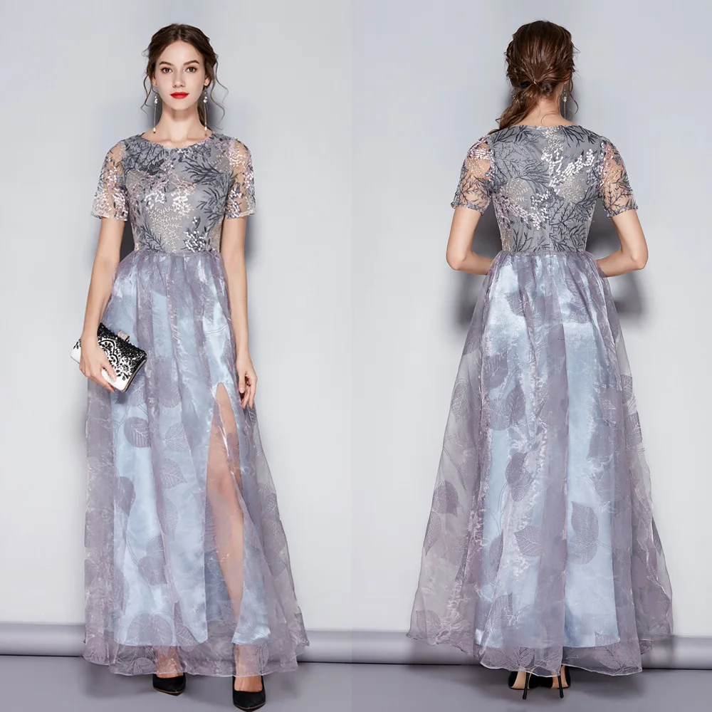 

CK809 New Style Slit Foreign Trade Long Evening Gown Mesh Applique Evening Gown Annual General Meeting Host