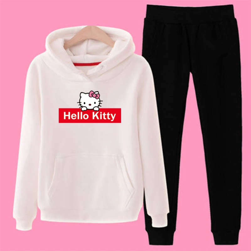 P79 hello-kitty 2 шт Женские повседневные спортивные толстовки с капюшоном костюмы толстовка+ спортивные штаны комплект теплая одежда спортивный Спортивный костюм для бега женский