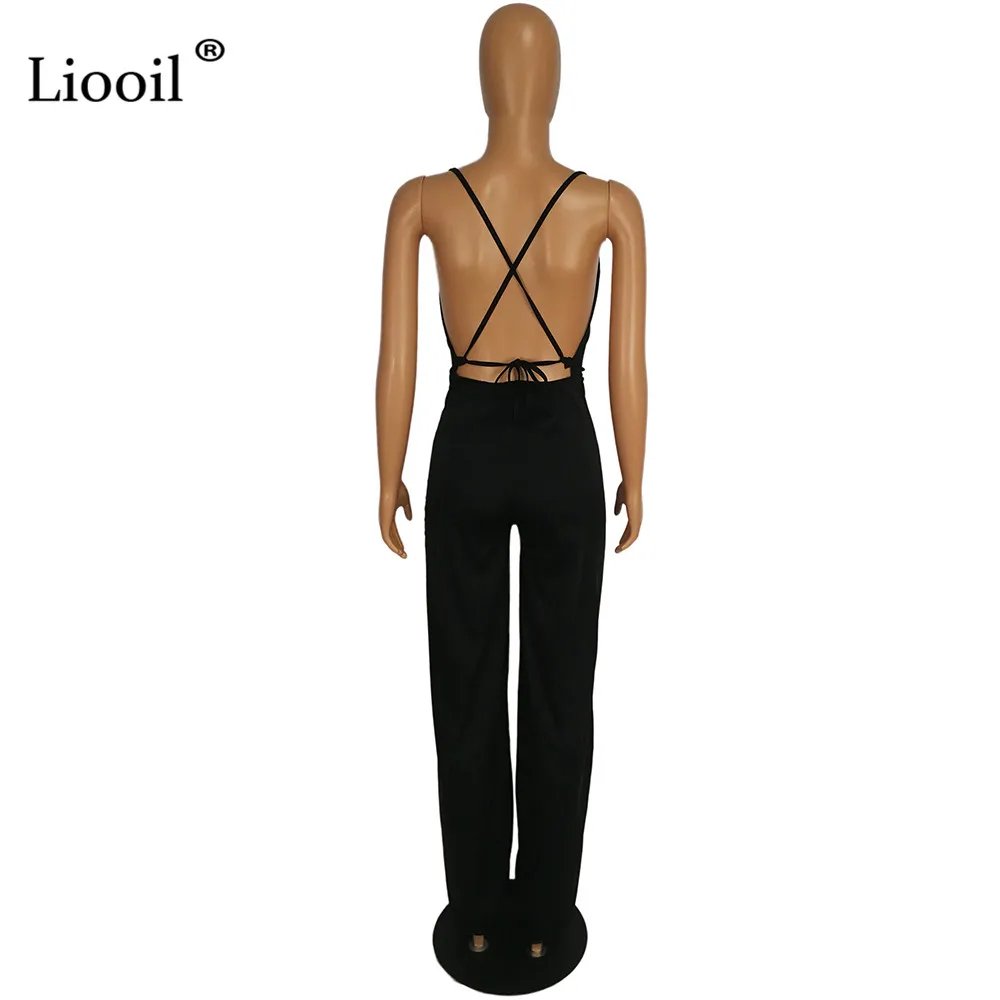 Liooil, сексуальный цельный костюм, комбинезоны с открытой спиной, осень, без рукавов, на шнуровке, вечерние, Клубные комбинезоны, женский комбинезон, черные комбинезоны