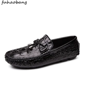 

Luxury brand Men Shoes Black slip on Oxford genuine Leather Print Party Business Italian Male tassel Dress Shoes moccasins
