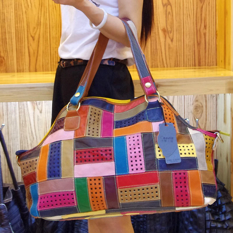 iPinee women genuine leather handbag large bag for women shoulder bags patchwork designer High Quality women totes bags