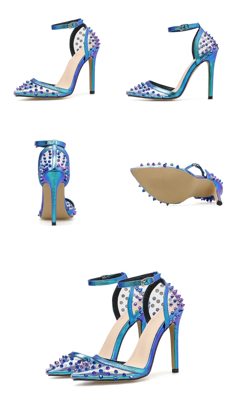 Eilyken/Новинка года; пикантные женские туфли-лодочки из ПВХ с заклепками; модная обувь; женские Вечерние туфли на высоком каблуке с ремешком и пряжкой на лодыжке