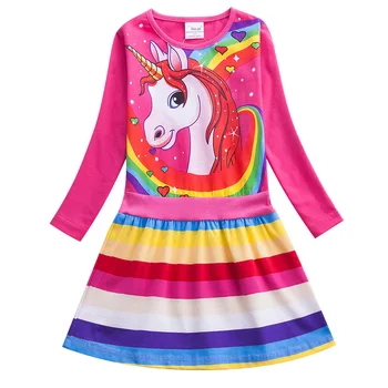 

Unicorn Girl Long Sleeve Dress Cotton Girl Child Baby Wearing Rainbow Striped Print Long Sleeve Dress LH6219
