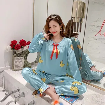 

Plus Size Loose Summer Cotton Ladies Nightwear Home Clothes 2pcs Cartoon Pajamas Set Women Sleepwear Long Pants Women Night Suit