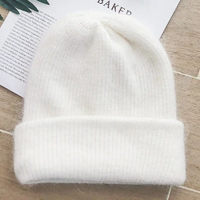 White WeMe, простая стильная Шапка-бини из кроличьего меха для женщин, зимняя теплая вязаная шапка, женская шапка - Цвет: White