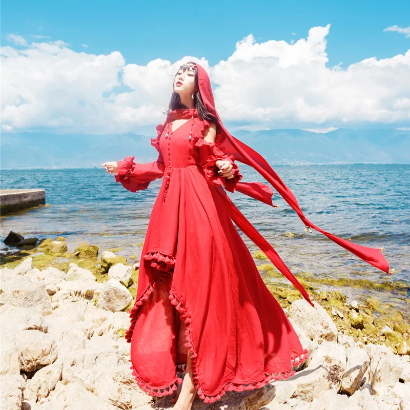 

2018 New Style Witch Mantle Red Dress National Wind Retro Chiffon Slit Long Skirts Waist Hugging Two-Piece Dress