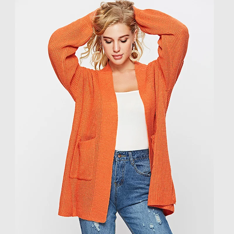 

ALLNeon Casual Women Long Cardigans Batwing Sleeve Double Pocket Front 2019 Autumn Ladies Long Sweater Orange Kardigan Female