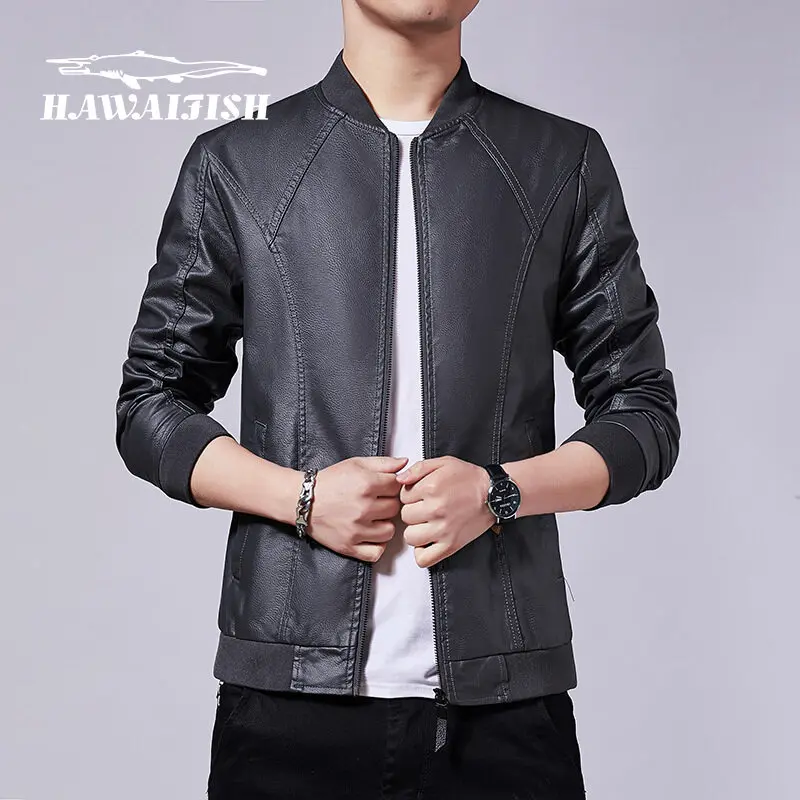 

HAWAIFISH 2021 Autumn Men's Leather Jacket New Solid Color Simple Motorcycle Jacket Fashion Zipper Stand Collar Men's Jacket