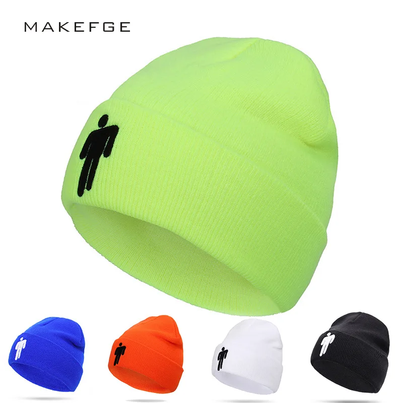 18 Color Embroidery Women Knitted Warm Winter Hats Billie Eilish Beanie Hat Yellow Men Running Foldable  Snapback Outdoors