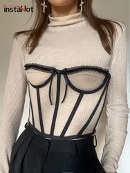InstaHot Women Corset Top Underbust Lace Up Transparent Mesh Strapless Bridal Bustier Body Slimming Wide Belts Dress Girdle 2022