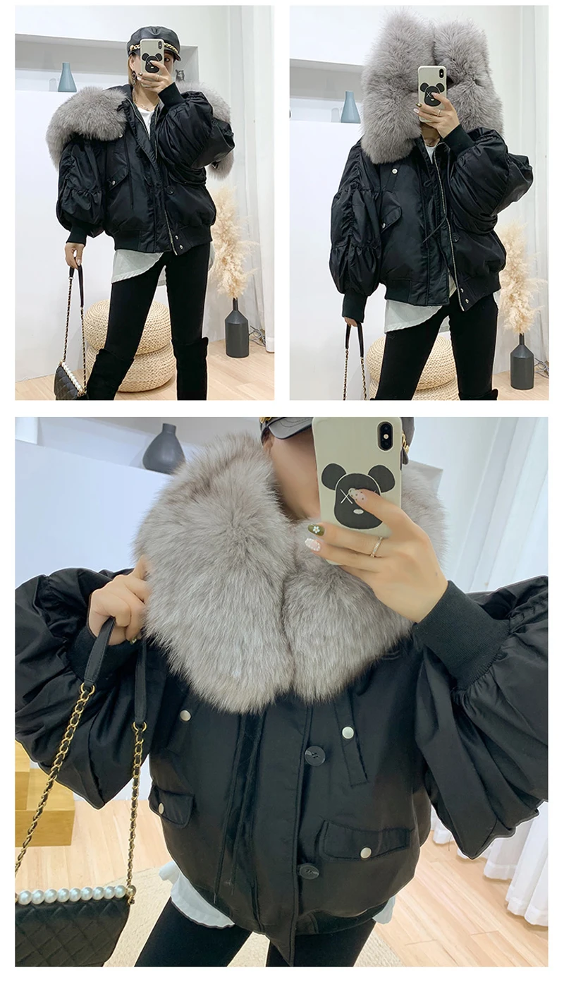 YNZZU зимняя шикарная короткая куртка для пилота, женское однотонное свободное пуховое пальто, пушистый большой воротник из натурального меха енота, теплая верхняя одежда, A1196