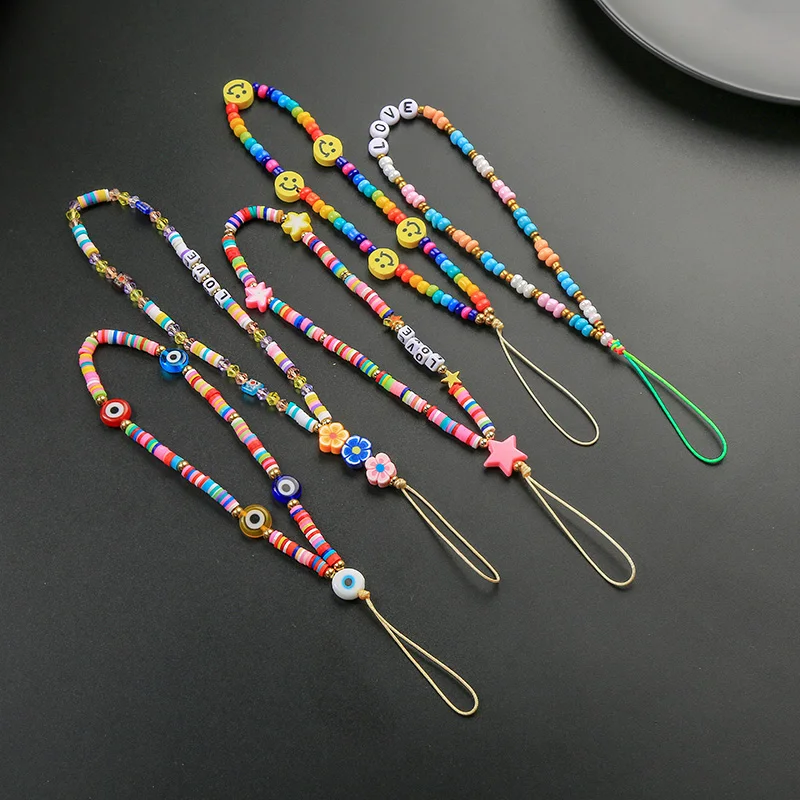 MOPAI Multicolor Mobile Phone Strap Lanyard Smile Face Disk Beads Pearl Rope Cellphone Chains For Women 2021 Fashion Accessories |