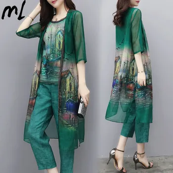 

Chiffon Cardigan 3 Pieces Set Women Largr Big Size Summer Long Sleeve Elegant Korean Vest+cardigan+cropped Pants Suits Tracksuit