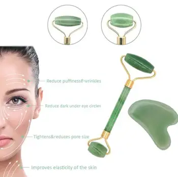

2PCS Gua Sha Natural Jade Massage Roller Facial Massager Skin Care Tools Slimming Face Body SPA Massage Scraping Face Lift Tools