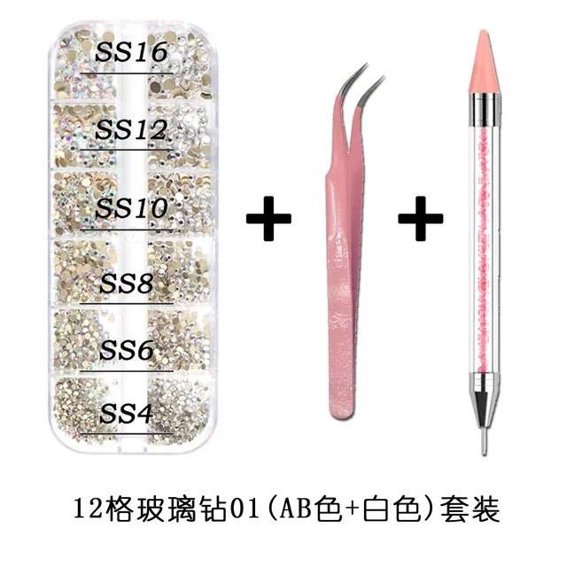 1Box Multi Size Glass Nail Rhinestones Mixed Colors Flat-back AB Crystal With tools 3D Charm Gems  Manicure Nail Art Decorations 05