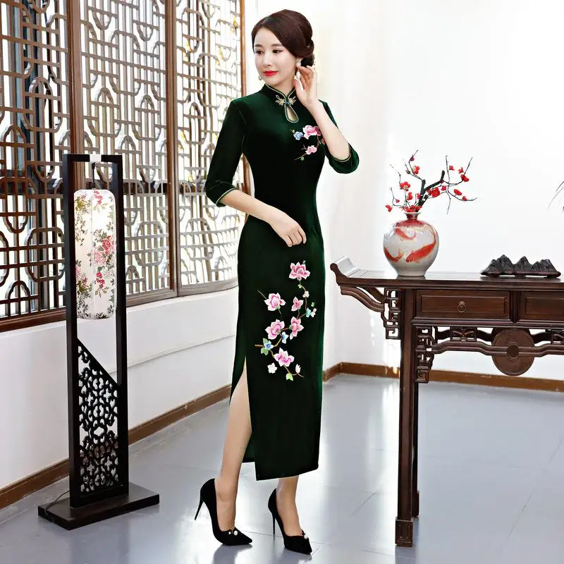 Женское шикарное платье Чонсам с бусинами, сексуальное китайское платье, традиционное велюровое платье Ципао с разрезом, классическое вечернее платье с цветами, Vestidos - Цвет: green