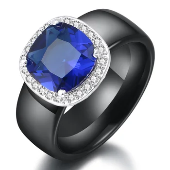 

8mm Width Ceramic Rings With Blue Square Crystal Wedding Rings Jewelry For Women Girls Never Fade Smooth Silver Rings Gifts