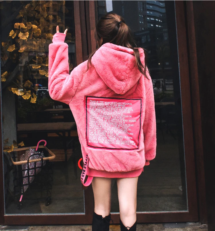 Зима из искусственного меха с капюшоном лоскутное розовое пальто Тедди куртка пушистая уличная одежда искусственный мех кролика сладкая куртка новое пальто