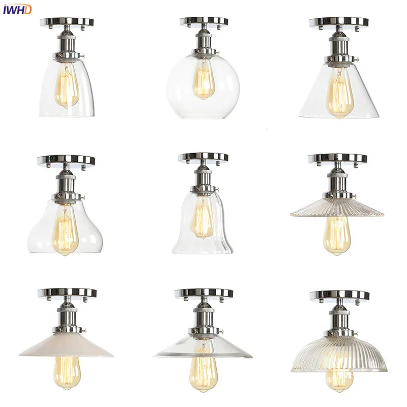 

IWHD American Country Vintage Ceiling Lights For Kitchen Porch Living Room Light Glass Silver Loft Industrial Ceiling Lamps LED