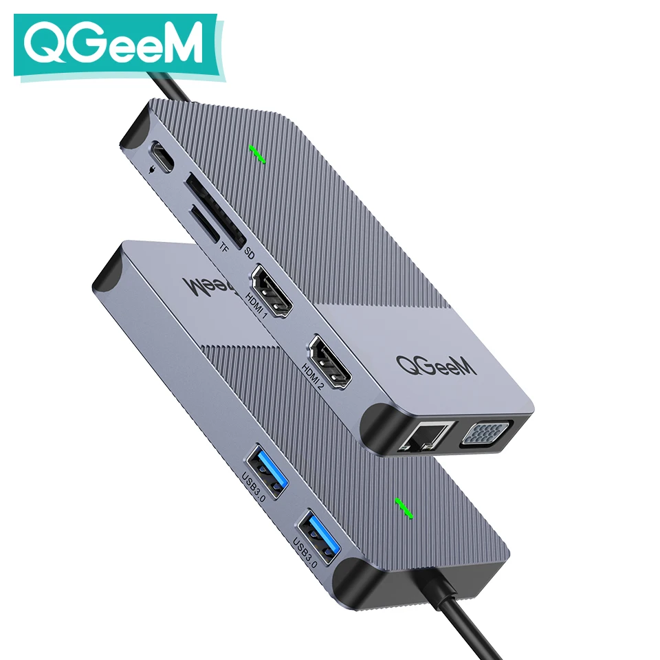 Qgeem hub usb 3.0 docking station triple display duplo hdmi vga usb adaptador divisor para xiaomi laptops usb c hub acessórios para pc