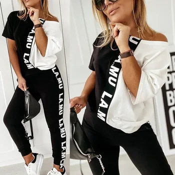 

2 Piece Women Tracksuit Pants Clothing Set Letter Printed Ladies Clothes Set For Summer Black White Female Outfits Tracksuit D30