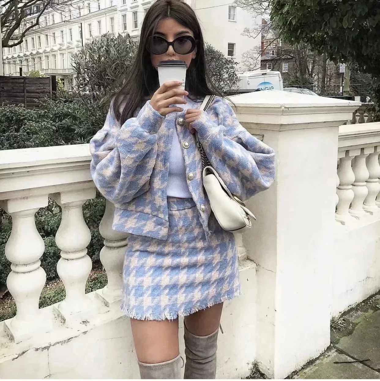 

Europe And America 2019 Autumn And Winter New Style Graceful Woolen Jacket High-waisted Skirt Thousands of Birds Dress Women's S