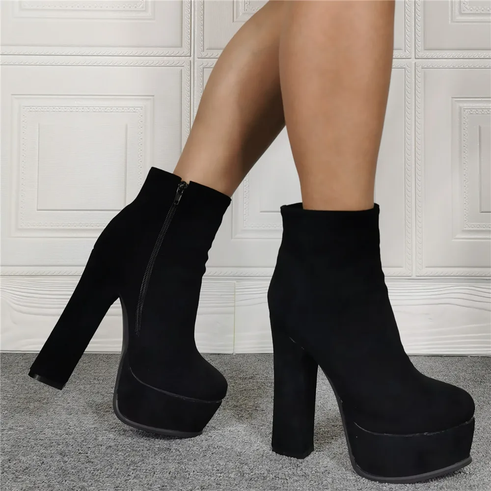 Kolnoo Handmade New Simple Style Women Chunky Heel Boots Kid-suede Platform Sexy Ankle Booties Large Size Fashion Winter Shoes