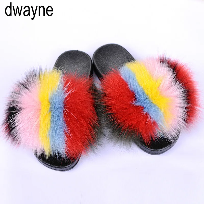 

Summer Women Fox Fur Slippers Real Fox hair Slides Female Furry Indoor Flip Flops Casual Beach Sandals Fluffy Plush Shoes 2019