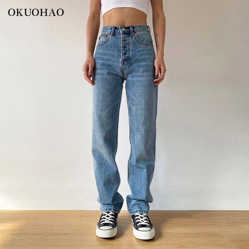 Mom Jeans Leg-Trousers Straight-Pants Washed Boyfriends Cowboy Vintage High-Waist Wide