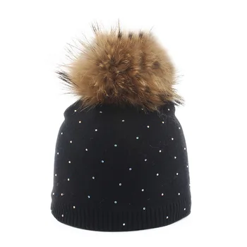 

Children Hat Kids Baby Warm Beanies Real Fur Ball Hats Rhinestone Winter Wool Knit Beanie Autumn Hat Baby Unisex Cap