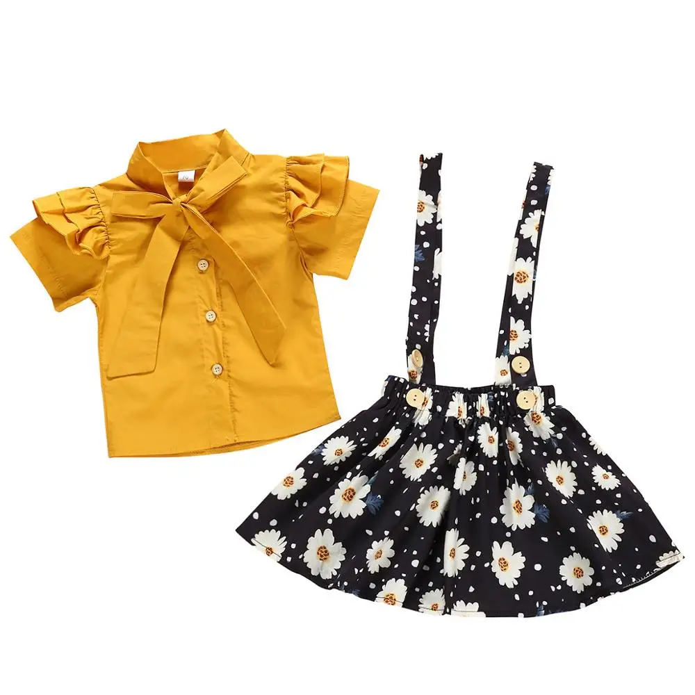 

1-4Y Summer Infant Baby Girls Clothes Sets Bow Yellow Solid Shirts Tops+Sunflowers Print Strap Dress 2pcs Outfits
