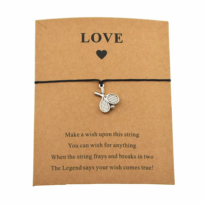 50pcs/lot Tennis Player Jewelry Gifts for Sports Charm Ball Racket Racquets Pendant Wish Love Card Wax Cords Bracelets | Украшения и