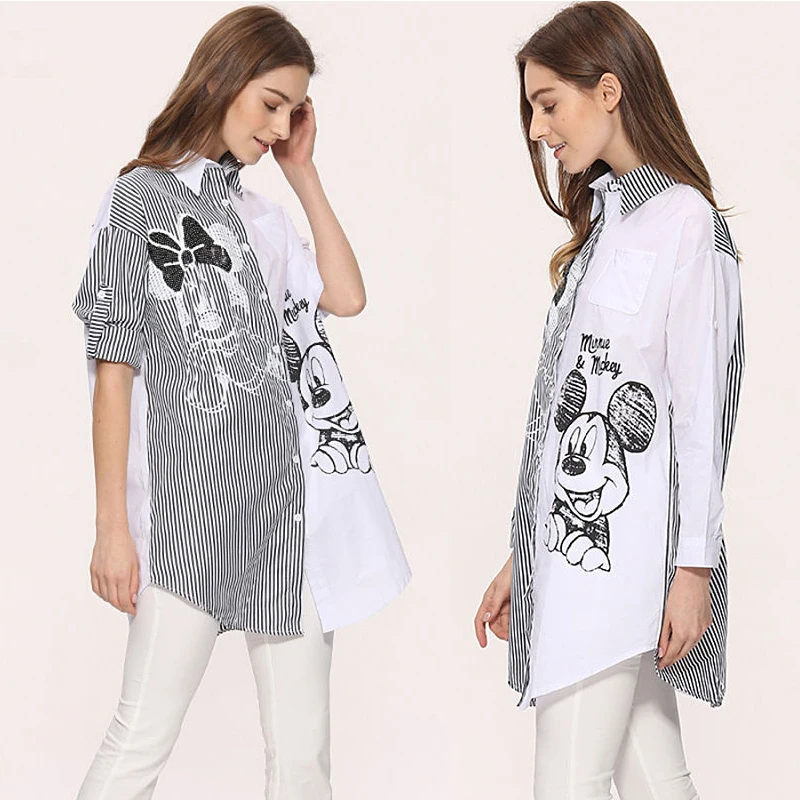 Mickey Mouse Blouses Women Shirt Chemise Femme Cartoon Long Sleeve Blusas Casual Loose Fashion Striped Stitching Shirts Female