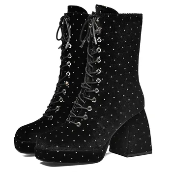 

Leather Suede Black Polka Dot Women Ankle Boots Platform Crude High Heel Round Toe Ladies Shoes Spring Fall Cross-Tied Heelys