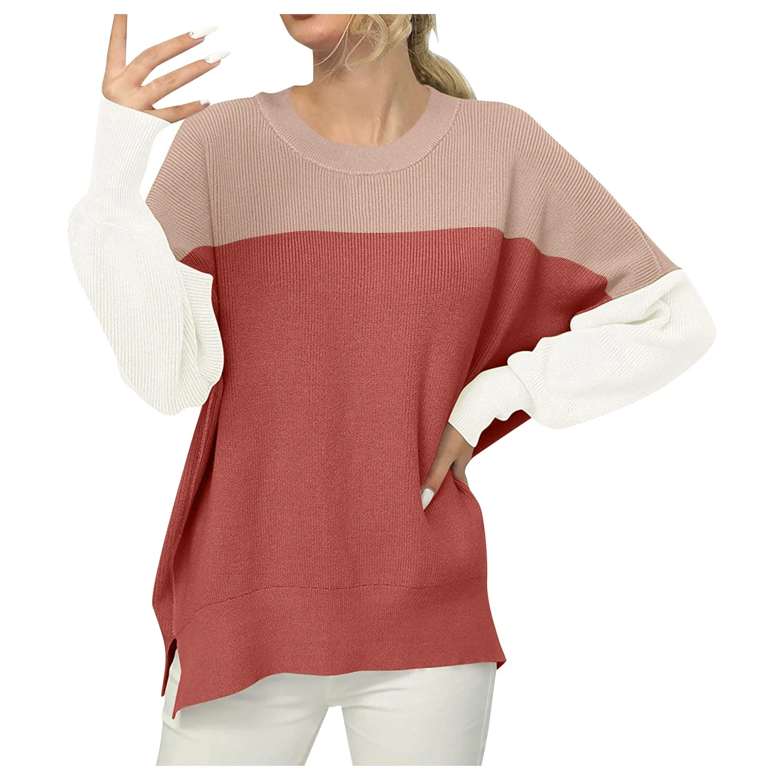 Women's Oversized Bat Sleeve Patchwork Long Sleeve Contrasting Round Neck Side Slit Pullover Loose Knitted Sweater Streetwear 1