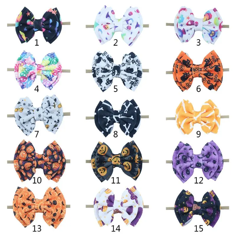 

Toddler Baby Traceless Elastic Headband Double Layer Bowknot Cute Cartoon Pumpkin Printed Halloween Party Photo Props Hairband