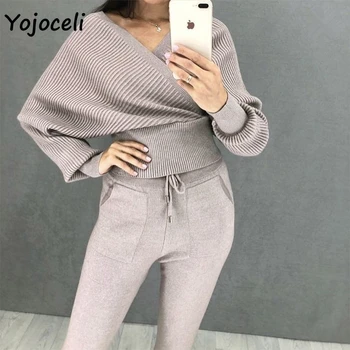 

Yojoceli casaul sport knit sweater set women v neck two pieces sweater+pants set for women streetwear knits