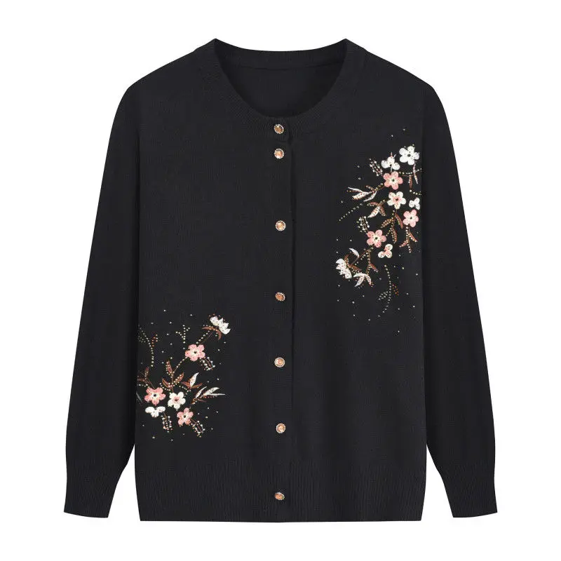 Spring Autumn Thin Knit Cardigan Jackets Grandma Embroidered Long Sleeve Sweater Outerwear Plus Size Short All-match Women's Top