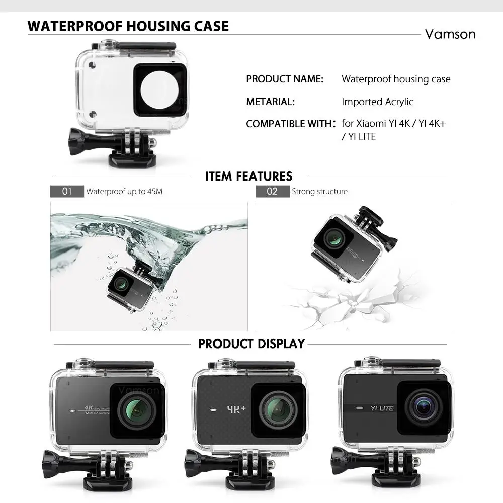 Vamson for Yi 4k/yi 4k+/yi lite 60m Waterproof Case Protective