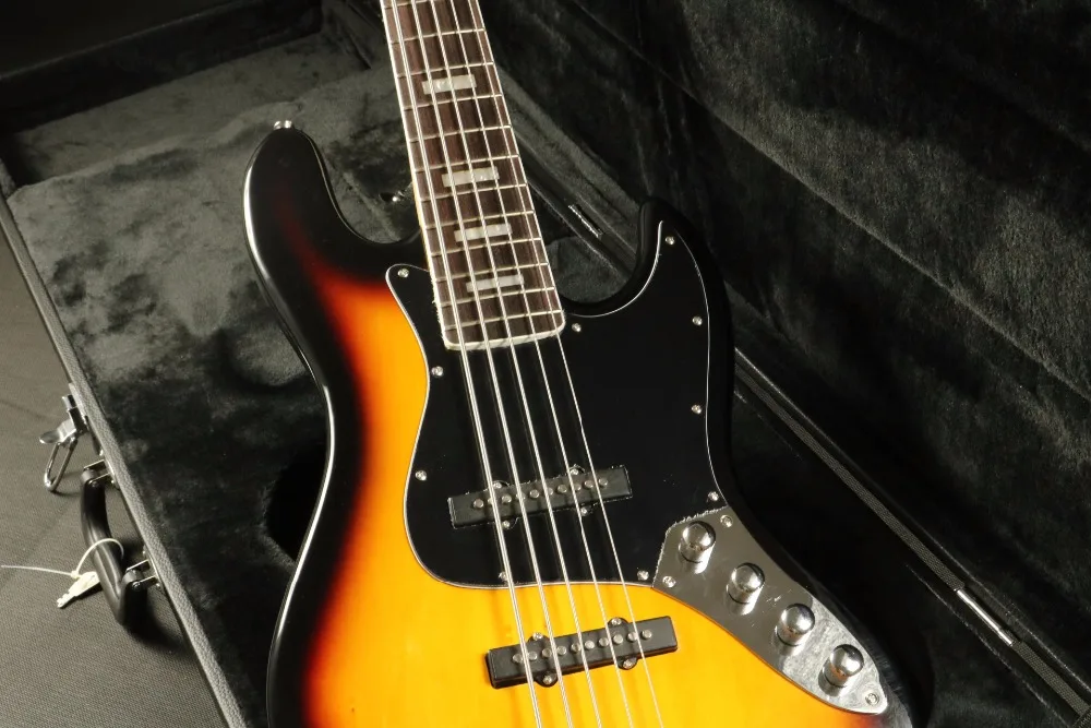 Free Shipping 5 Strings Jazz Electric Bass Guitar Sunburst Color Rosewood Fingboard Active Pickups