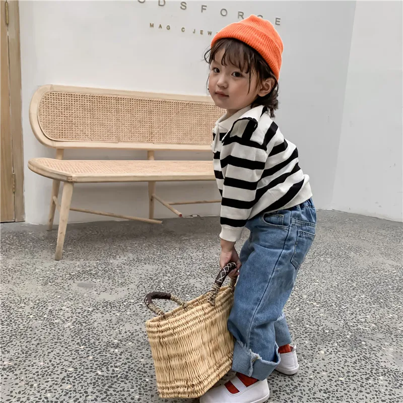 

Left Prince 2019 Autumn Clothing New Fold-down Collar Rainbow Stripes Sweater Girls Korean-style Child Yarn Tops Anti-pilling