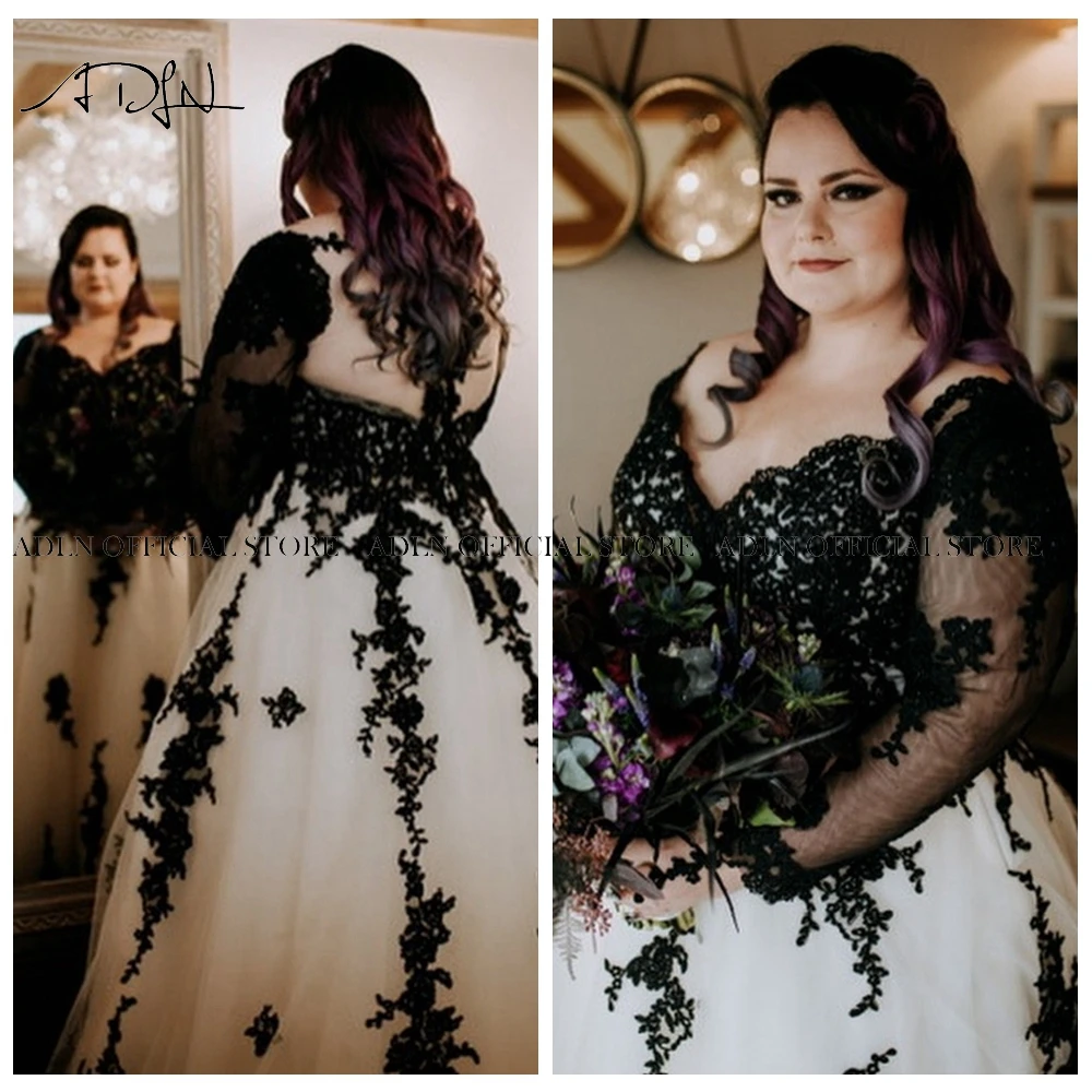 Black And White Wedding Dress Plus Size Bridal Gowns Customized Long Sleeves Lace A-line Bride Dresses Vestido de Novia 4